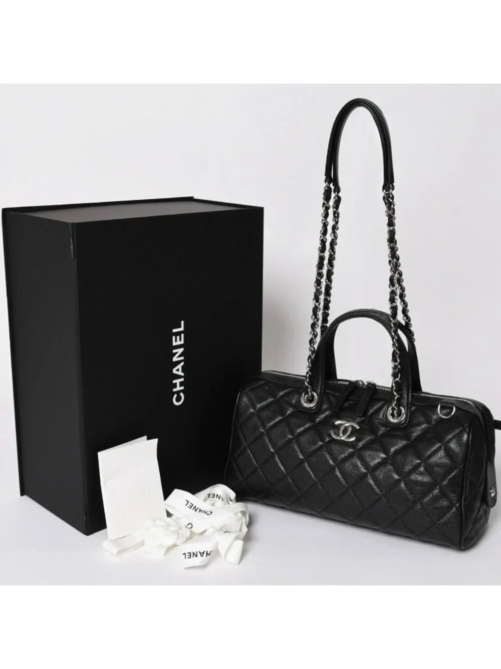 Chanel Chain Bag Base CC Logo Caviar Leather Black Silver